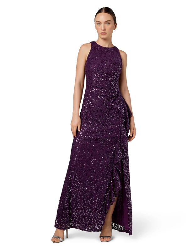 Alex Evenings Women's Long Sleeveless Cascade Ruffle Detail Dress with Front Slit Special Occasion, Plum, 16