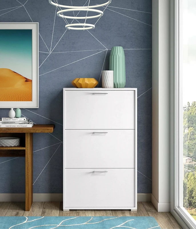 Dmora - Shoe rack Iris, Multipurpose entrance furniture with 3 flap doors, Modern shoe cabinet, 100% Made in Italy, 67x18h112 cm, White