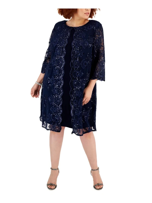 Alex Evenings Women's Plus Size Midi Scoop Neck Shift Dress with Jacket Special Occasion, Navy Sequin, 26
