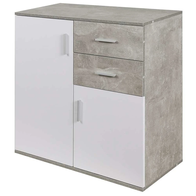 BAKAJI Sideboard Cabinet with 2 Drawers Double Door and 2 Internal Shelves Cabinet Cupboard Multi-Purpose Kitchen Bathroom Office Modern Design MDF Wood White and Grey Concrete Effect 82 x 35 x 80 cm - Image 1