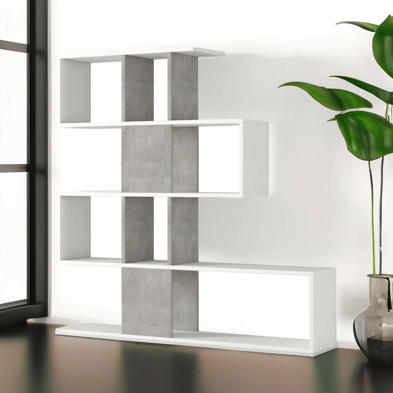 Dmora - Bookshelf Hoya, Double - sided library with 5 shelves, Zig zag shelf for books, Wall unit with shelves, 100% Made in Italy, 145x29h145 cm, White and Cement Grey