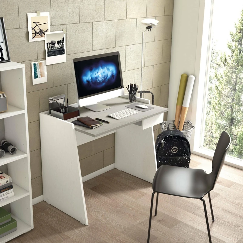 Dmora - Desk Calendula, Modern desk with drawer, Study or office table for PC book holder, 100% Made in Italy, 90x60h80 cm, White and Cement Grey