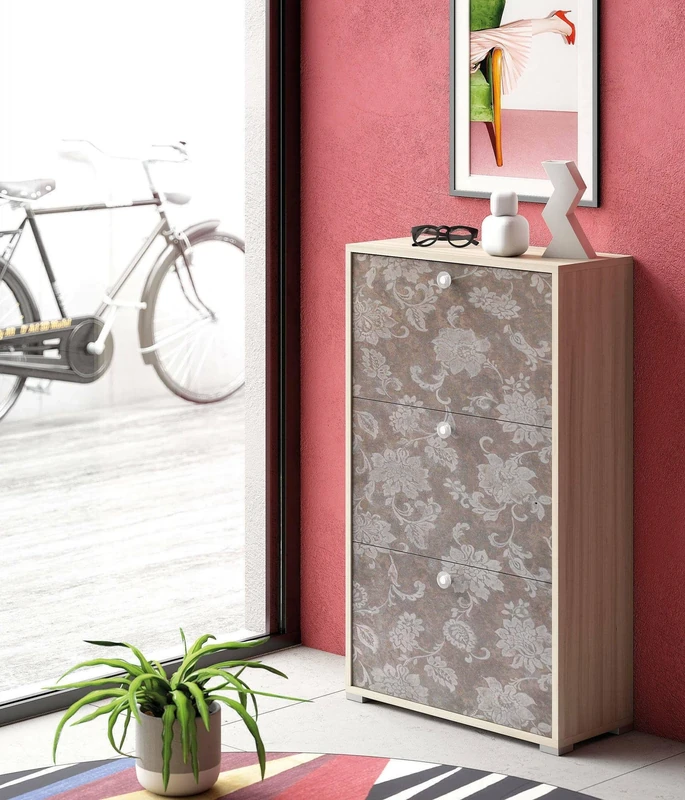 Dmora - Shoe rack Peonia, Multipurpose entrance furniture with 3 flap doors, Double depth shoe cabinet, 100% Made in Italy, 67x28h112 cm, Elm and fantasy