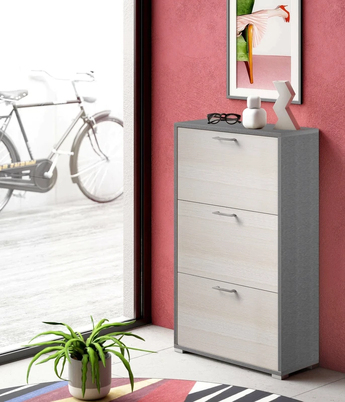 Dmora - Shoe rack Peonia, Multipurpose entrance furniture with 3 flap doors, Double depth shoe cabinet, 100% Made in Italy, 67x28h112 cm, Larch