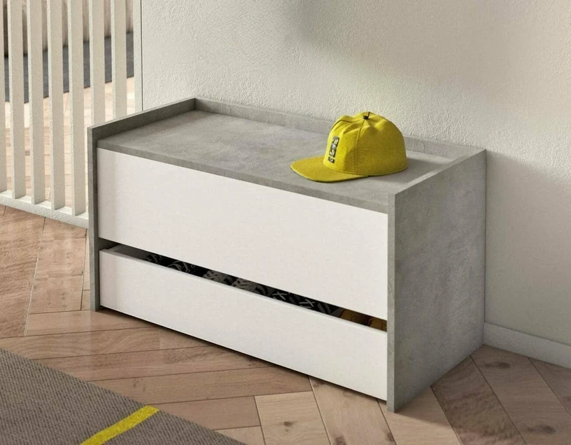 Dmora - Chest Lantana, Modern entrance furniture with shoe rack, Trunk chest with two containers, 100% Made in Italy, 90x40h46 cm, White and Cement Grey