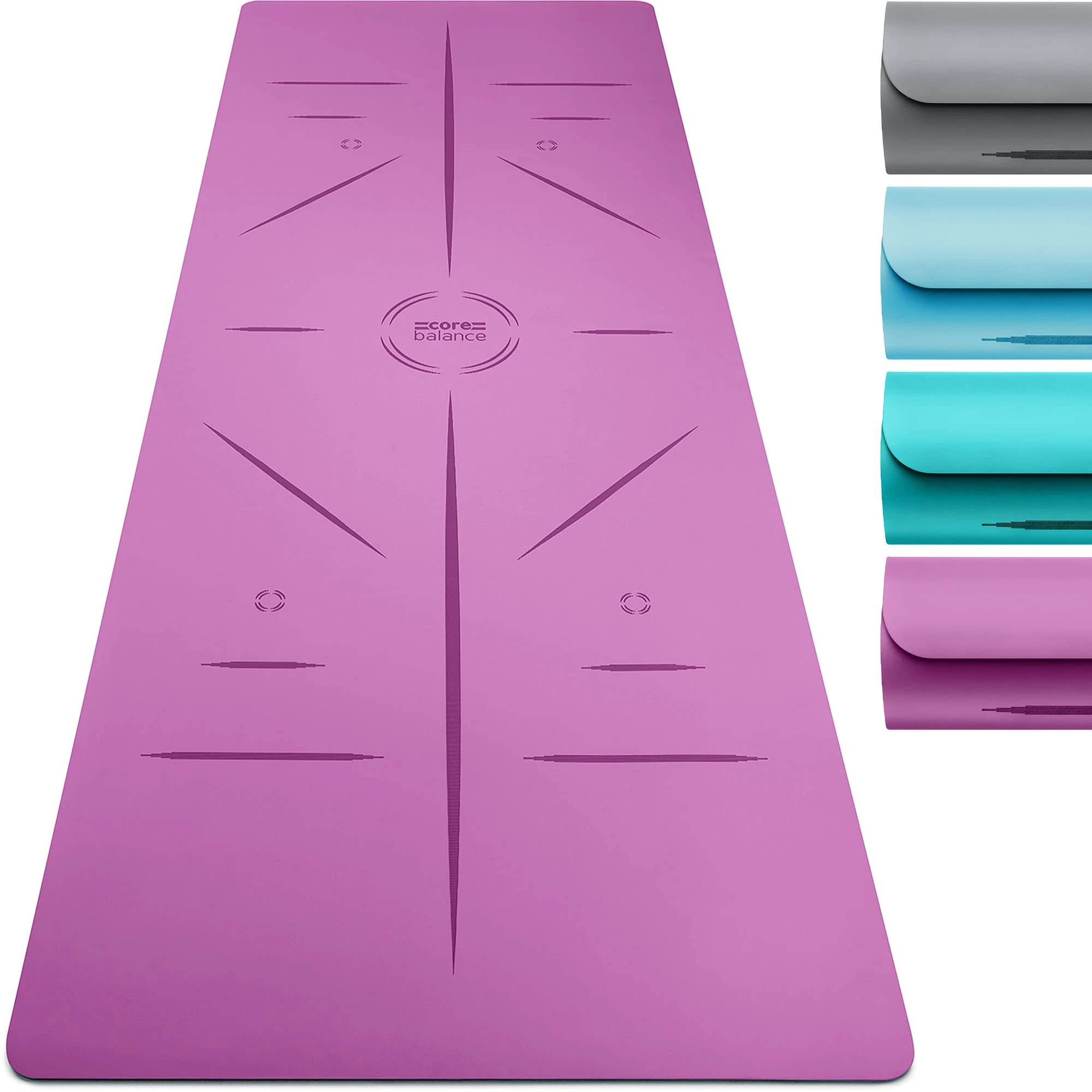 Core Balance Rubber Yoga Mat with Asana Alignment Lines Extra Wide Non Slip with Roll Strap (Purple)