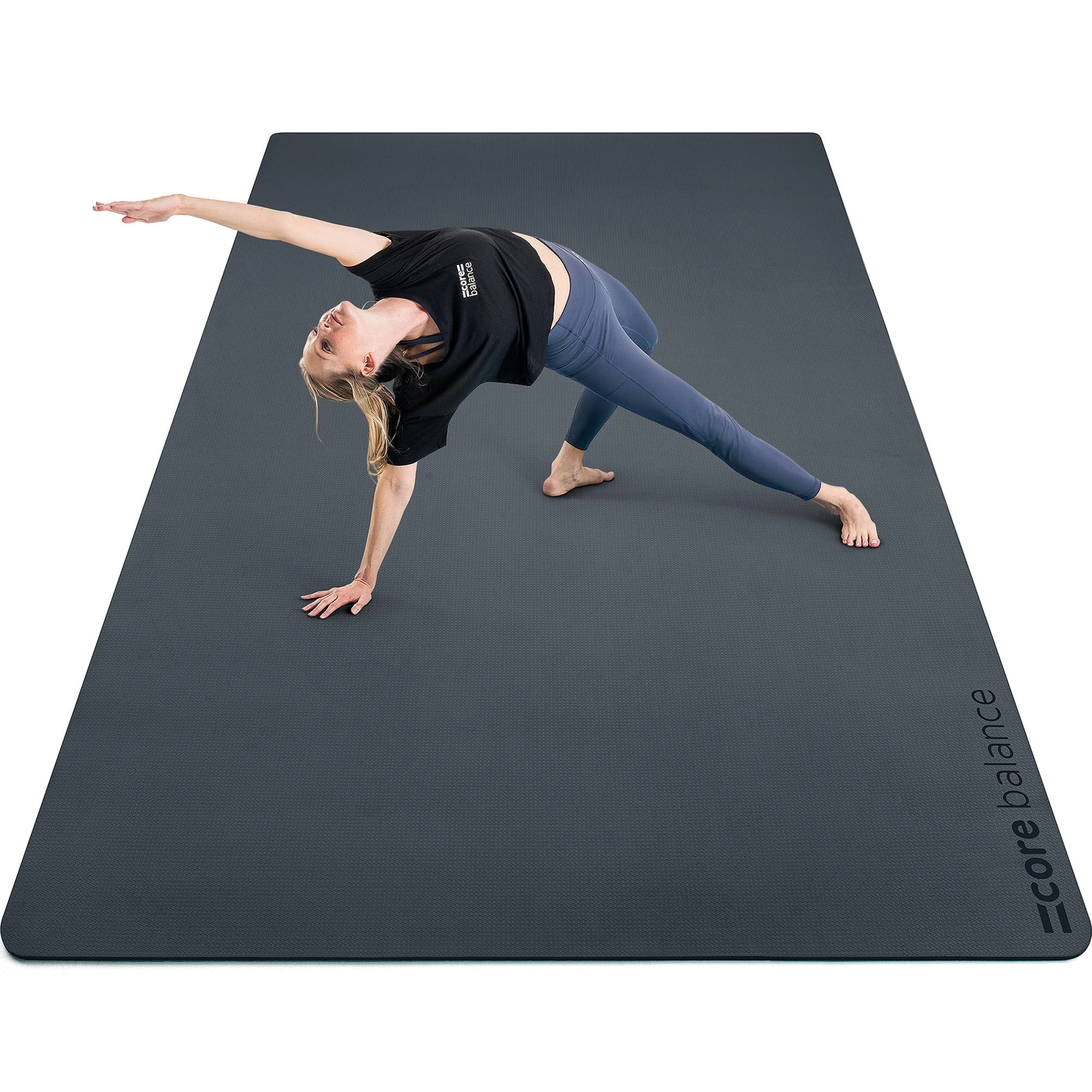 Core Balance Extra Large Yoga Mat 6mm Non Slip TPE Foam with Travel Strap L183cm x W116cm (Black)