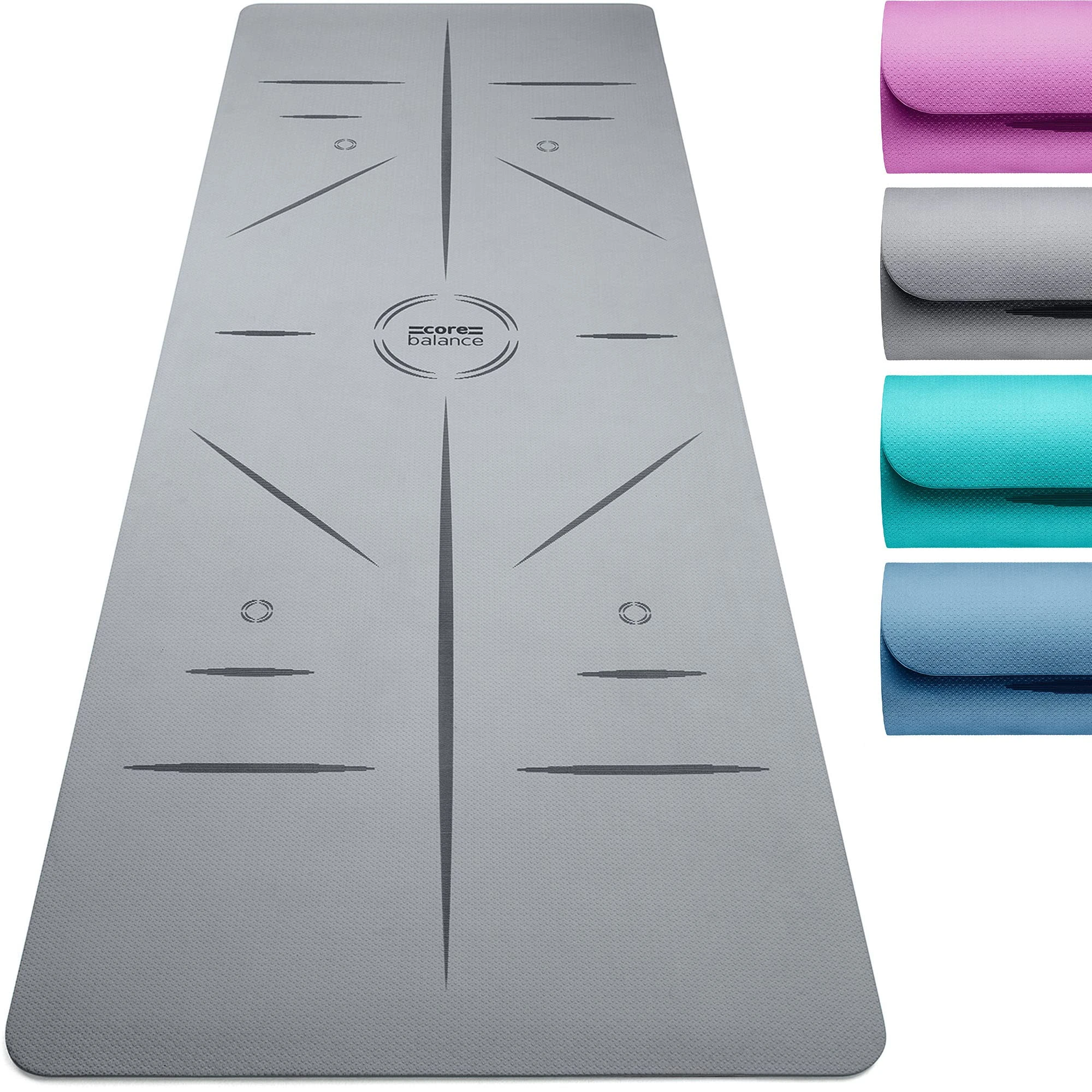 Core Balance TPE Yoga Mat with Alignment Lines 6mm Non Slip Foam Exercise Fitness with Travel Strap (Grey)
