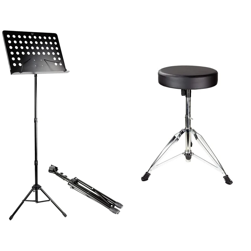 Windsor G905 Orchestral Music Stand Fully Adjustable Sheet Music Stand in Black & RockJam DP-001 Adjustable Drum Stool Drum Throne with Padded Seat