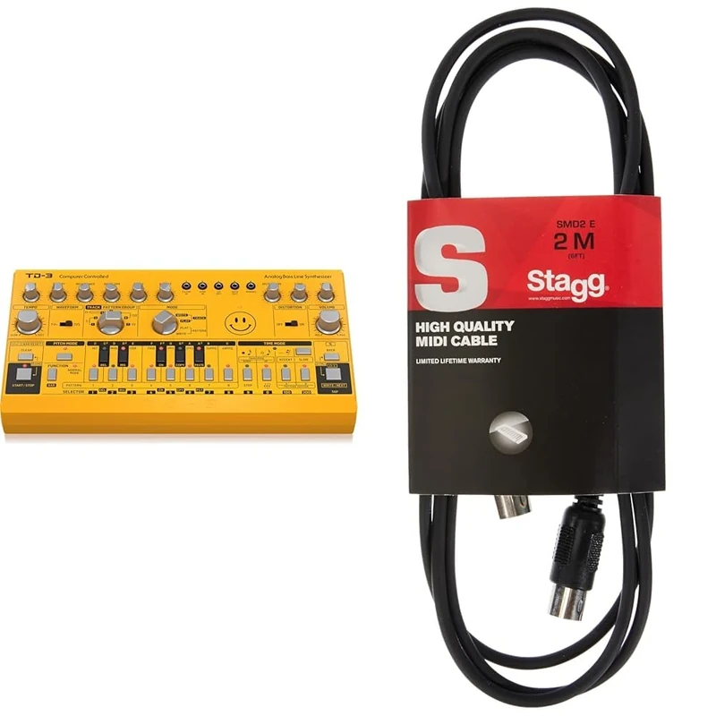 Behringer TD-3-AM Analog Bass Line Synthesizer with VCO, VCF, 16-Step Sequencer, Distortion Effects and 16-Voice Poly Chain & Stagg SMD2 E 2 m 5 Pin DIN Male Connector MIDI Cable