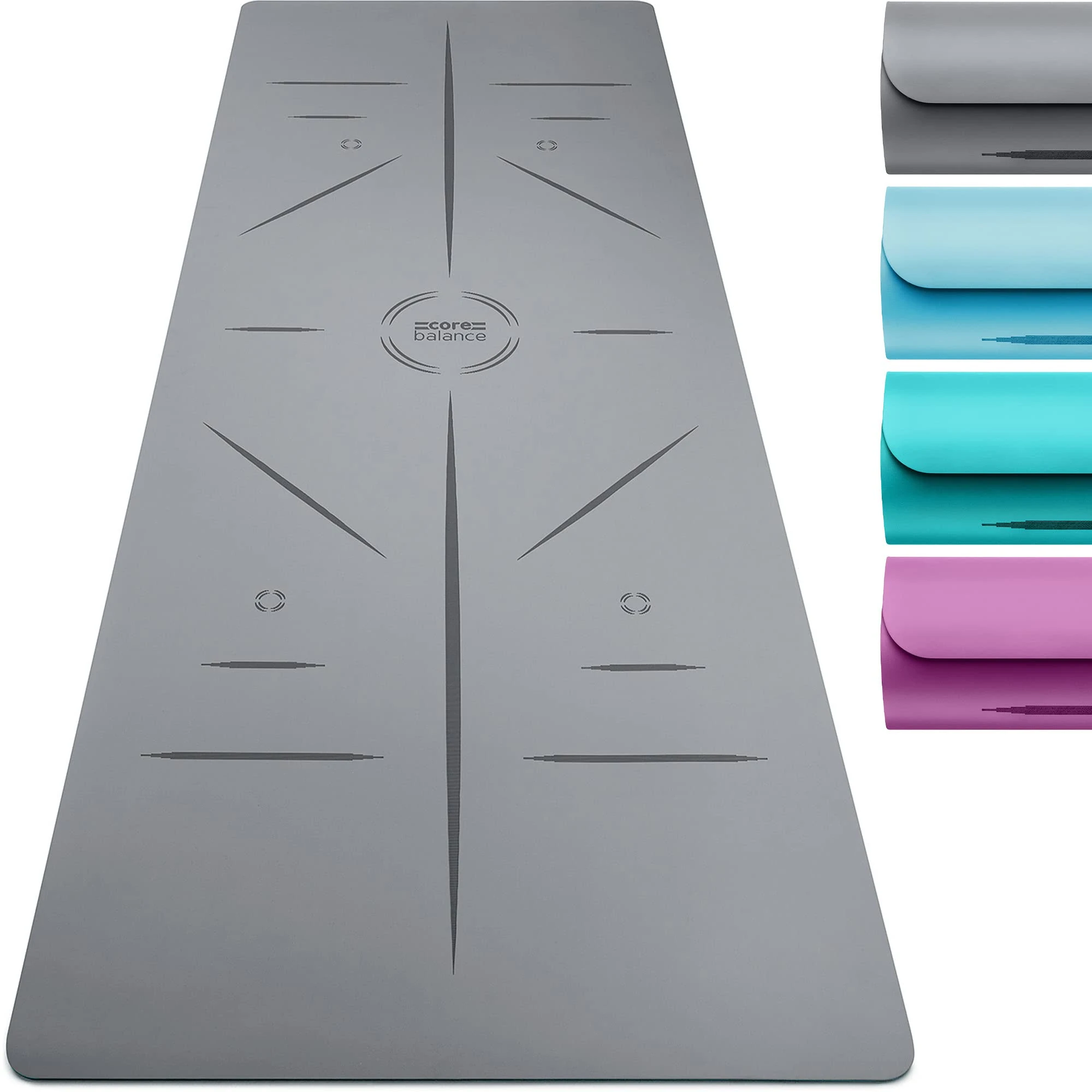 Core Balance Rubber Yoga Mat with Asana Alignment Lines Extra Wide Non Slip with Roll Strap (Grey)