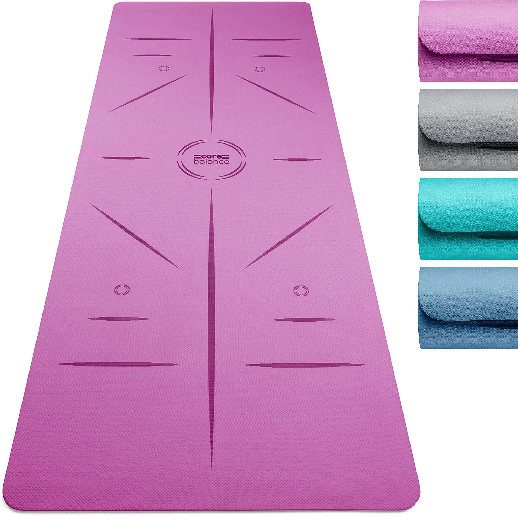 Core Balance TPE Yoga Mat with Alignment Lines 6mm Non Slip Foam Exercise Fitness with Travel Strap (Purple)