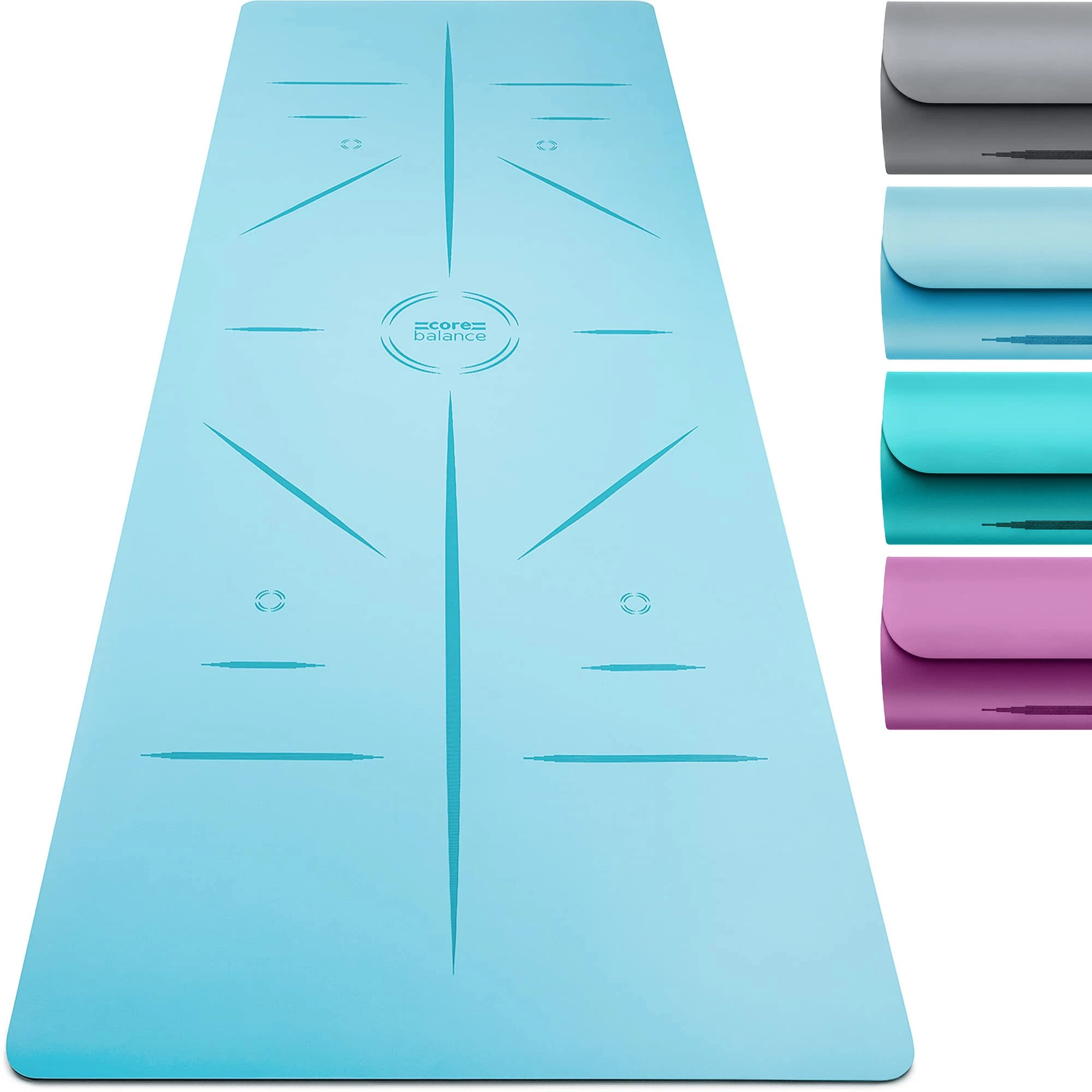 Core Balance Rubber Yoga Mat with Asana Alignment Lines Extra Wide Non Slip with Roll Strap (Blue)