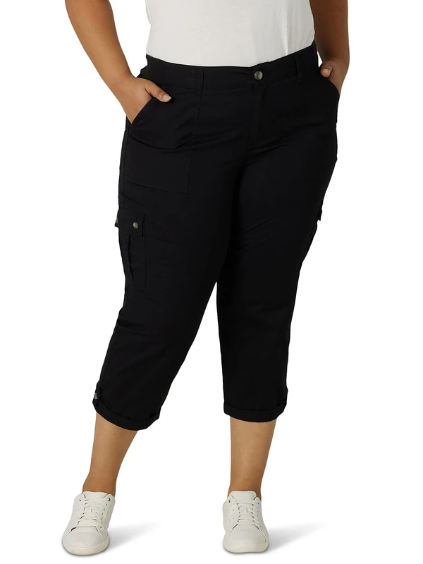 Lee Women's Plus Size Flex-to-go Mid-Rise Relaxed Fit Cargo Capri Pant, Black, 22