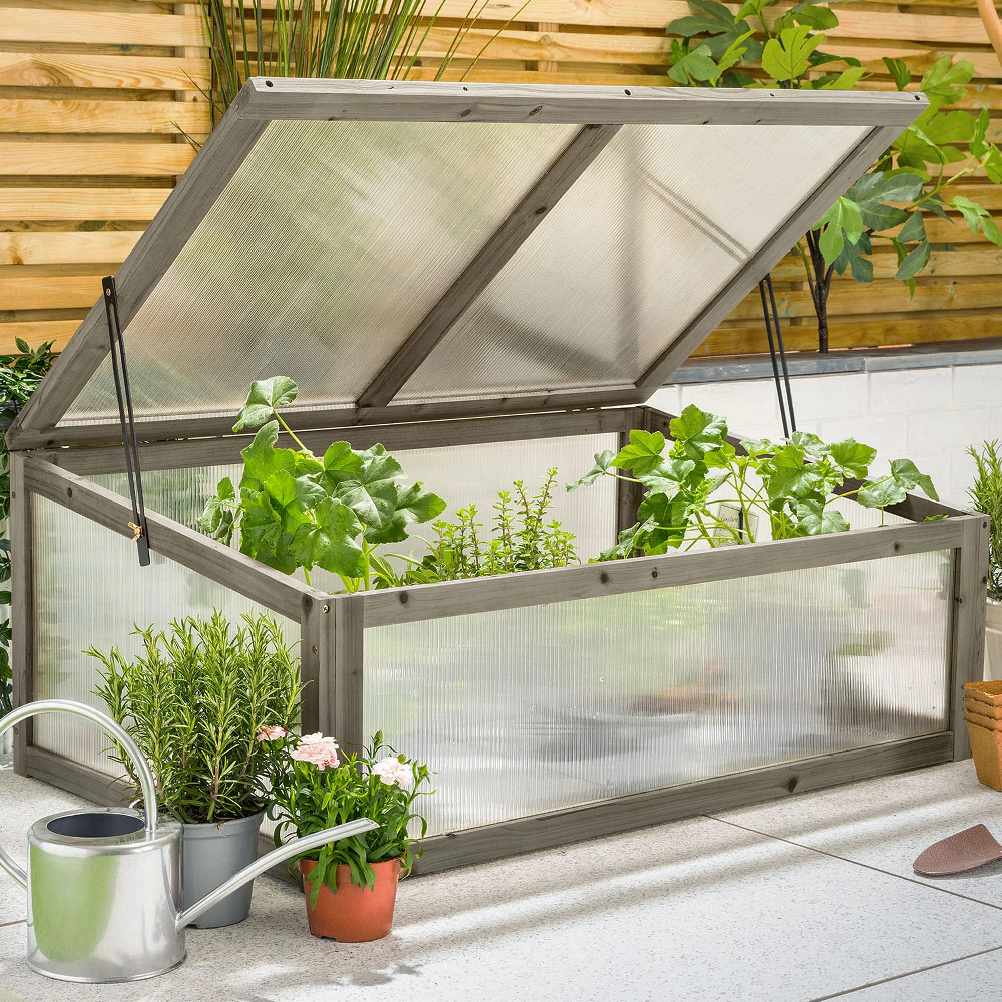 Christow Raised Bed Cold Frame Greenhouse, FSC Wooden Garden Grow House for Vegetables & Plants, Polycarbonate UV-Stabilised Panels for Strong, Healthy Growth, Grey Painted, 100cm x 65cm x 40cm