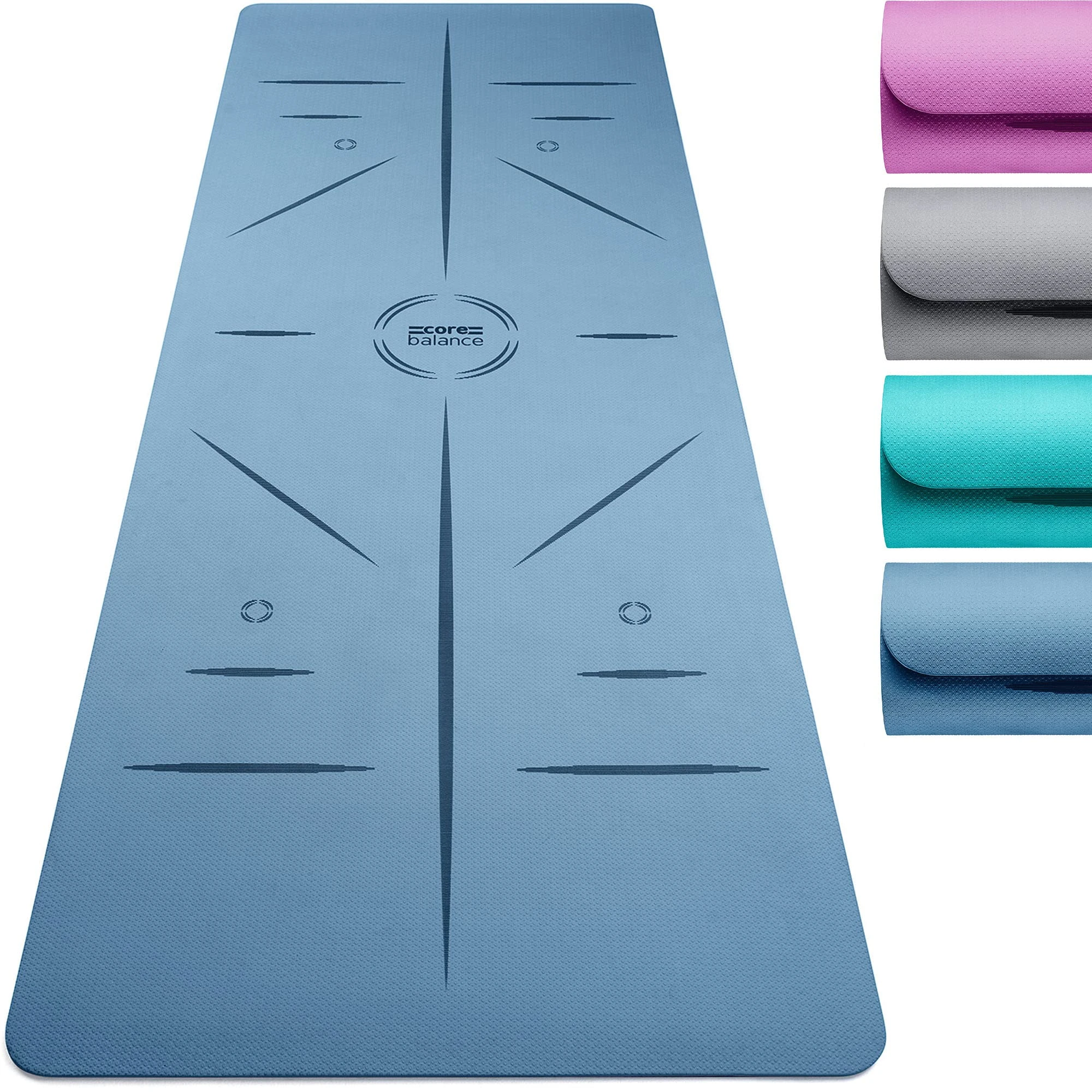 Core Balance TPE Yoga Mat with Alignment Lines 6mm Non Slip Eco Friendly Foam with Travel Strap (Blue)