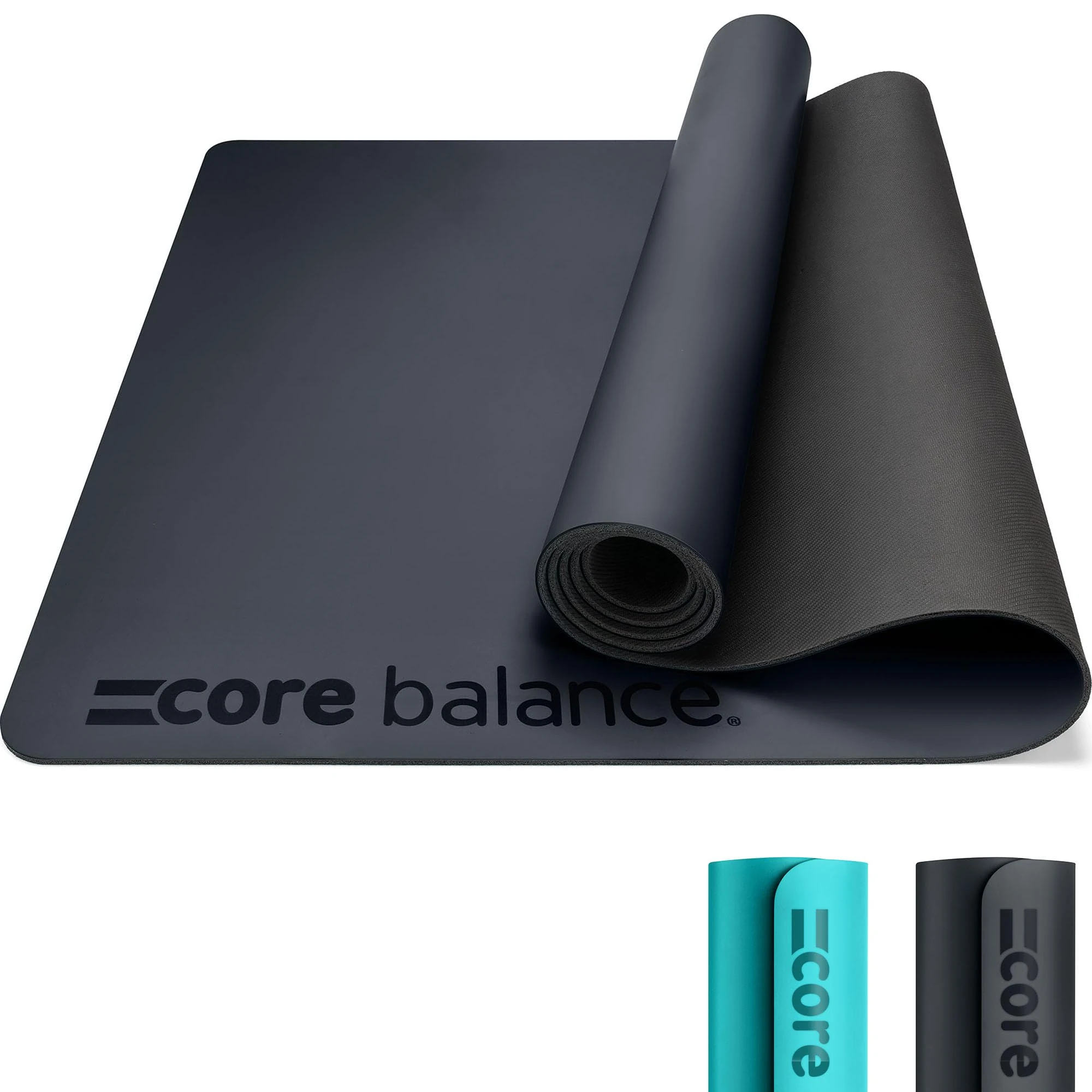Core Balance Rubber Yoga Exercise Mat Non Slip Extra Wide Heavy Duty with Roll Strap (Black)