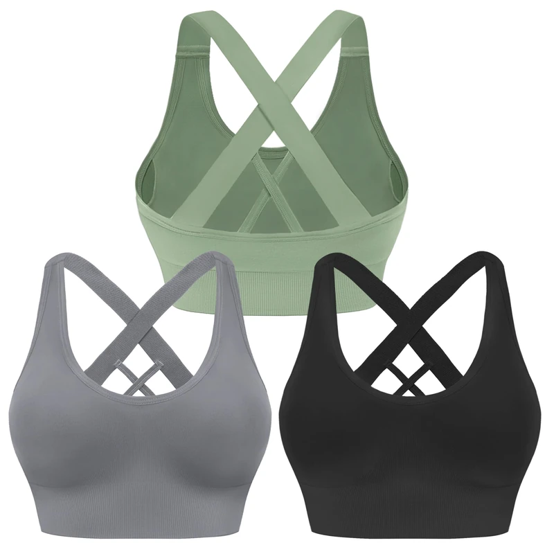 Evercute Sports Bra for Women Padded Medium Support Criss Cross Strappy Bras Seamless High Impact Yoga Exercise Athletic Bras, Black Gray Green 3 Pack, M