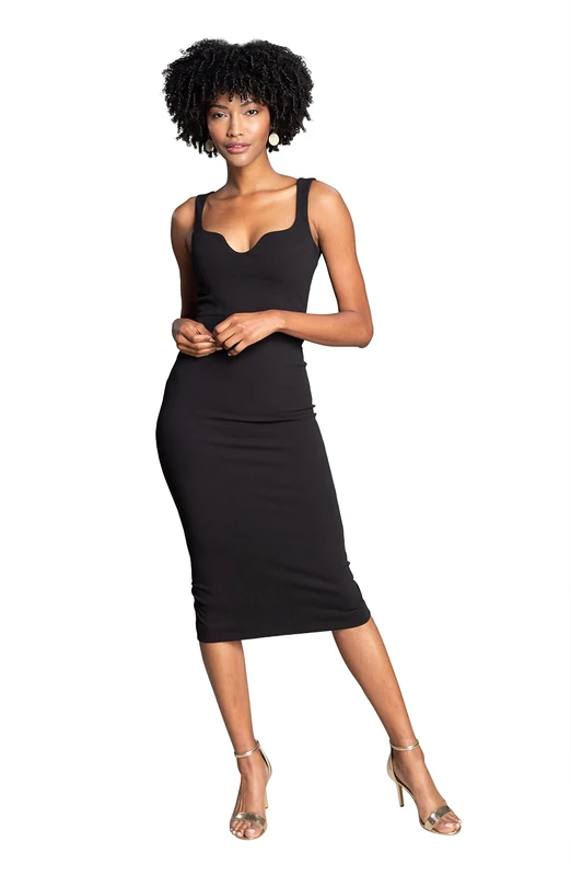 Dress the Population Women's Rounded V Neck Bodycon Midi Dress, Black, Medium
