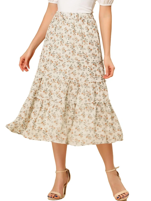 Allegra K Women's Floral Skirt Chiffon A-line Long Tiered Ruffle Boho Summer Midi Skirts, White a, M