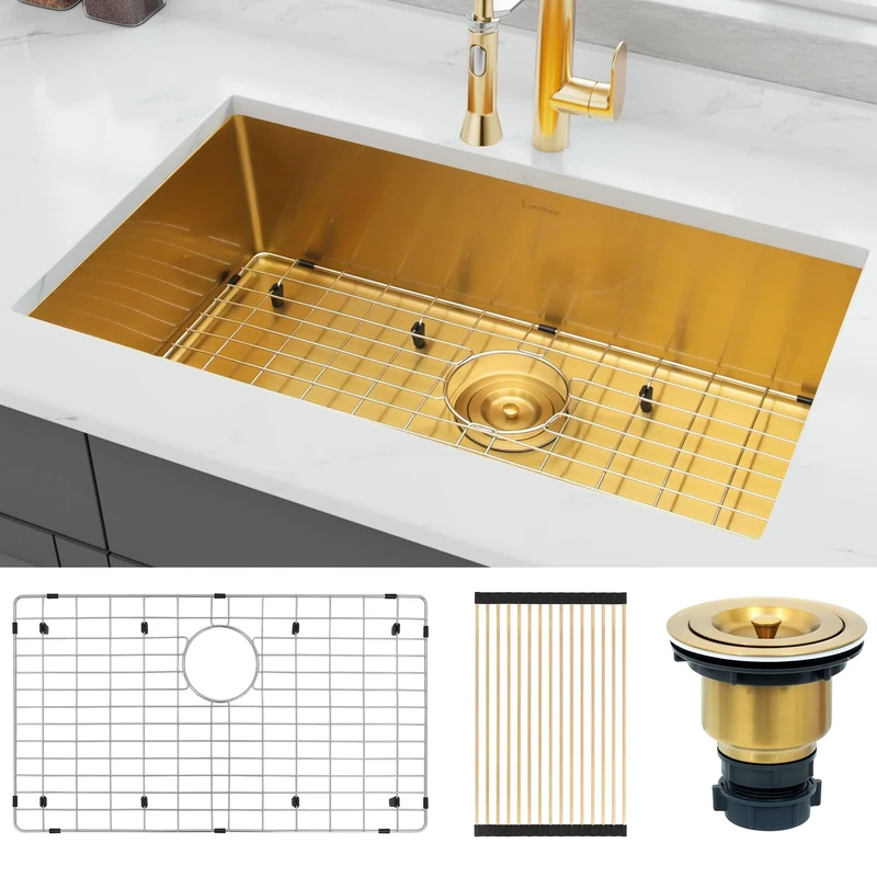 Lonsince Gold Undermount Kitchen Sink 30x18 inch,Stainless Steel Undermount Sink,Single Bowl Kitchen Sinks