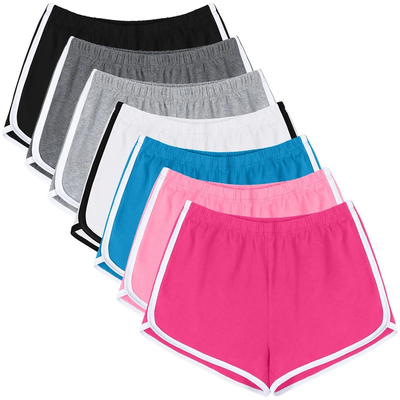 URATOT 7 Pack Cotton Sports Shorts Summer Yoga Dance Pants Breathable Workout Running Shorts Dolphin Shorts for Women, Offwhite,lighthotpink,Lakeblue,Pink,mixedcolors, M