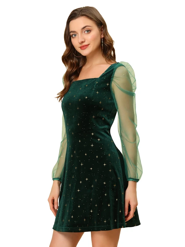 Allegra K Women's Christmas Mesh Sheer Puff Long Sleeve Square Neck Glitter Star Mini Velvet Dress, Green, S - Image 1