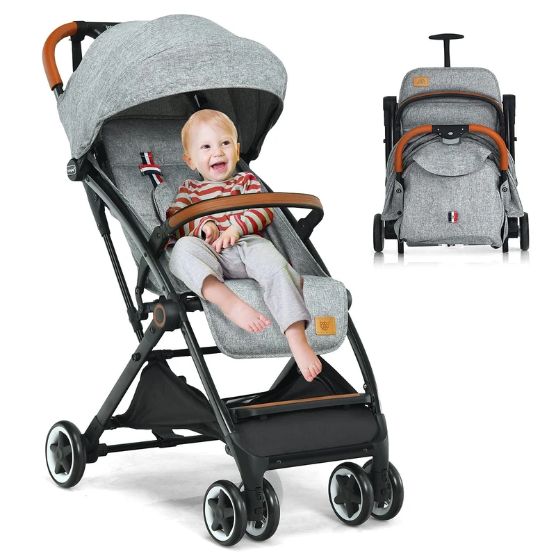 GYMAX Baby Foldable Stroller, Adjustable Backrest Pushchair with Safety Belt, Storage Basket, Leather Handle and Lockable Wheels, Toddler Pram Carriage for 0-3 Years Olds Infant Kids (Grey) - Image 1