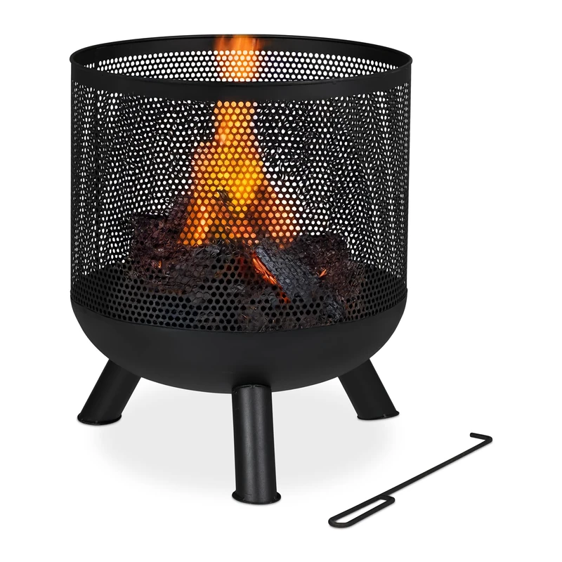 Relaxdays Fire Basket with Poker, Lattice Design, HxØ 53 x 44 cm, Log Burner for Garden & Terrace, Steel, Black