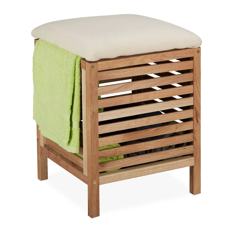Relaxdays Storage Stool, Walnut & Fabric, 35 l Laundry Basket with Seat, Towels & Blankets, HxWxD: 51x39x39 cm, Natural