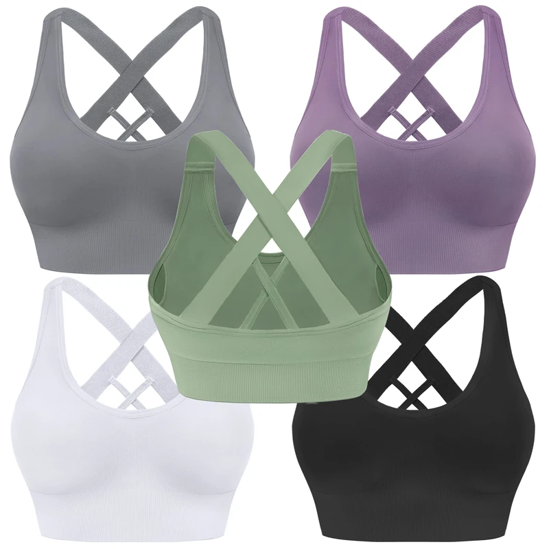 Evercute Sports Bra for Women Padded Medium Support Criss Cross Strappy Bras Seamless High Impact Yoga Exercise Athletic Bras, ①Black White Gray Purple Green 5 Pack, XL