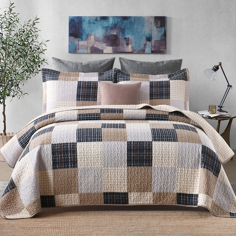 Finlonte Quilt King Size 100% Cotton Quilt, Brown Plaid Bedspread for All Seasons, Lightweight and Soft, 3-Pieces