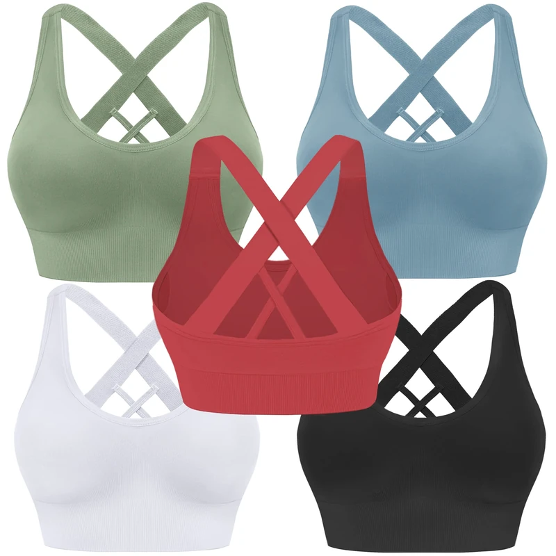 Evercute Sports Bra for Women Padded Medium Support Criss Cross Strappy Bras Seamless High Impact Yoga Exercise Athletic Bras, ①Black White Green Red Blue 5 Pack, L