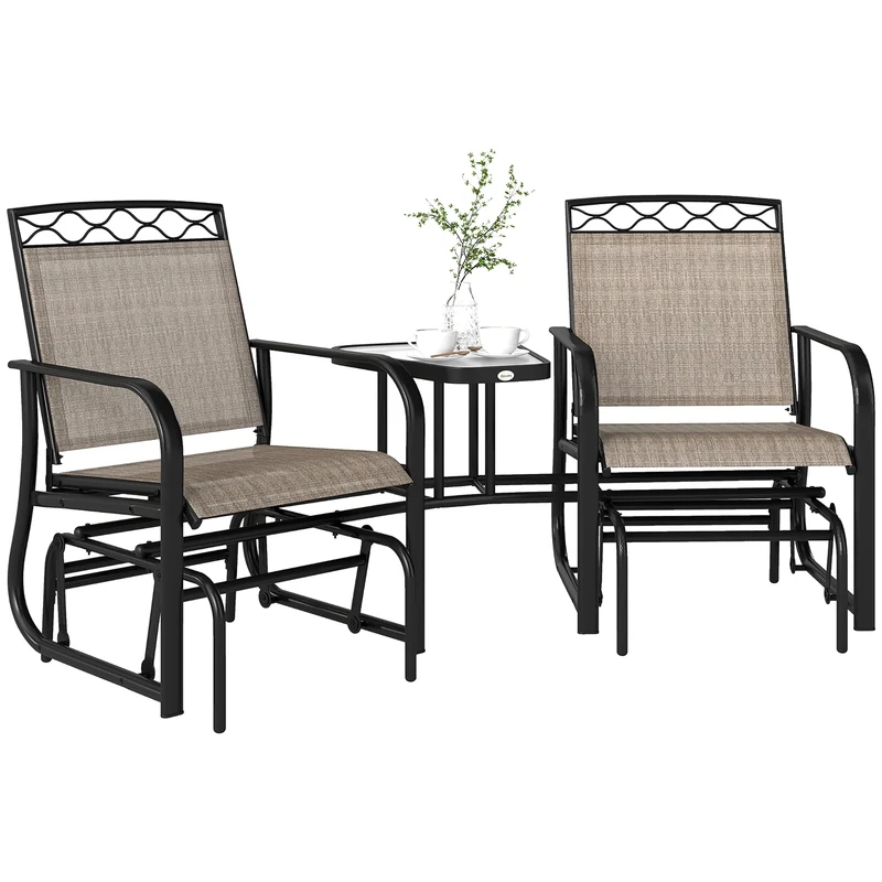 Outsunny Double Outdoor Glider Chair, 2 Seater Patio Rocking Chairs, Swing Bench with Tempered Glass Table, Breathable Mesh Fabric for Backyard, Garden, Porch, Brown