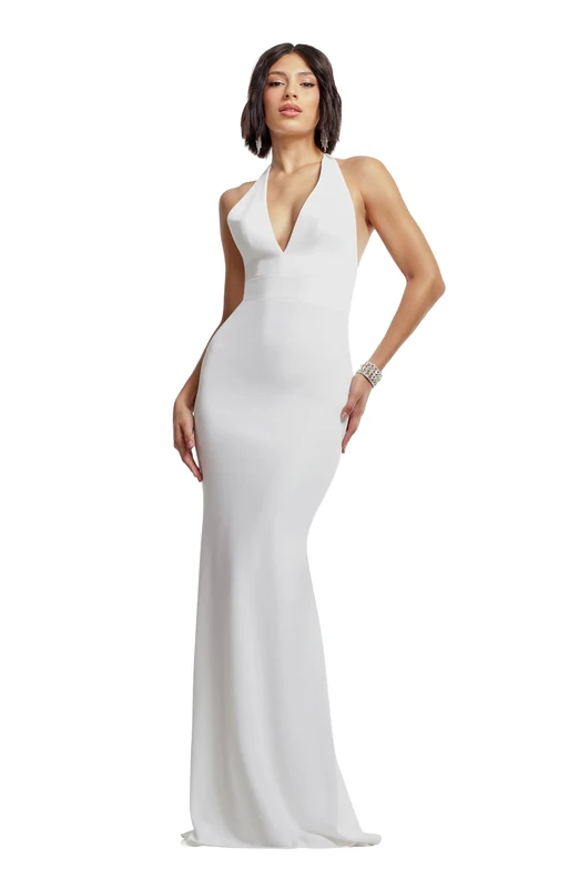 Dress the Population Women's Camden Deep Plunge Neckline Halter Bodycon Maxi Dress, White, S
