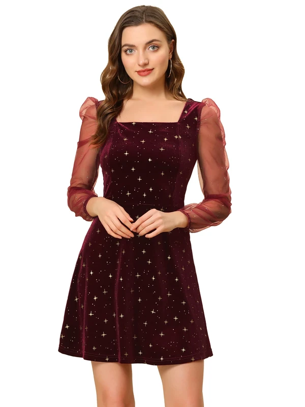 Allegra K Women's Christmas Mesh Sheer Puff Long Sleeve Square Neck Glitter Star Mini Velvet Dress, Red, L
