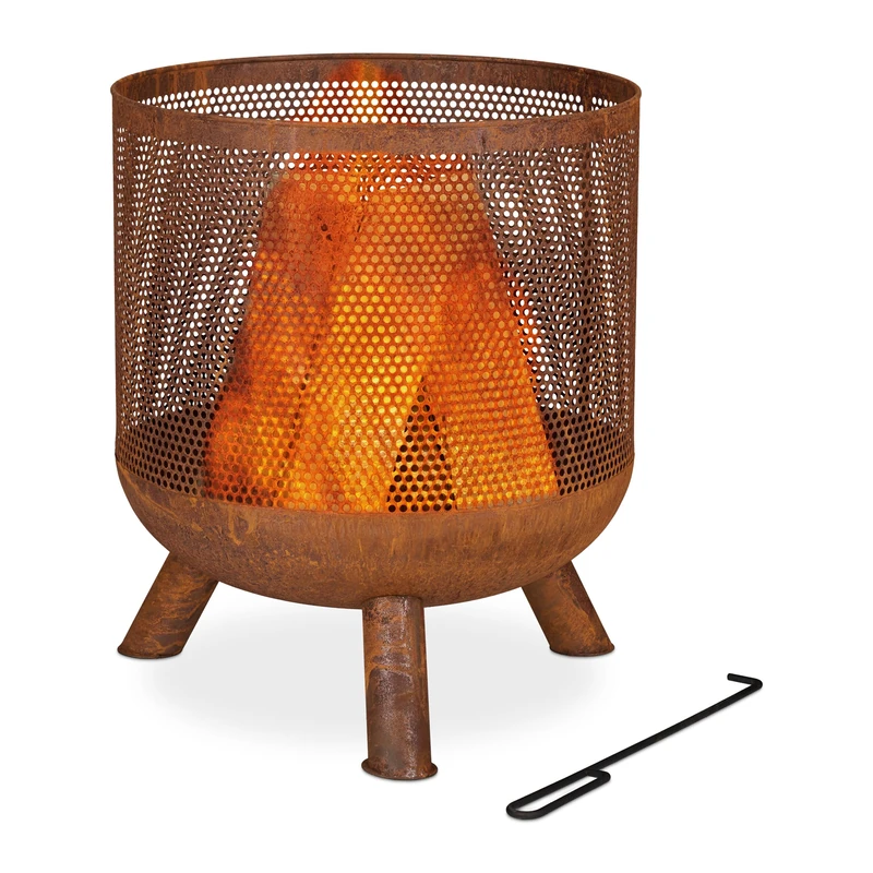 Relaxdays Fire Basket with Poker, Lattice Design, HxØ 53 x 44 cm, Log Burner for Garden & Terrace, Steel, Rusty Brown