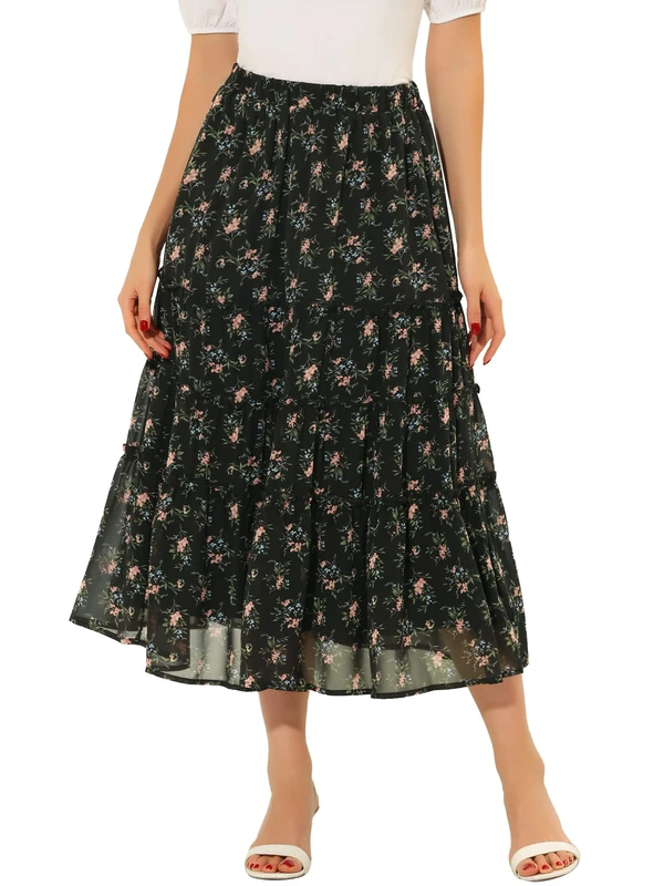 Allegra K Women's Floral Skirt Chiffon A-line Long Tiered Ruffle Boho Summer Midi Skirts, Black a, M - Image 1