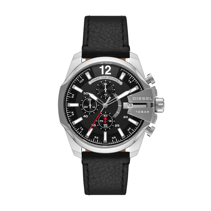 Diesel Watch for Men Baby Chief, Chronograph Movement, 43 mm Silver Stainless Steel Case with a Leather Strap, DZ4592