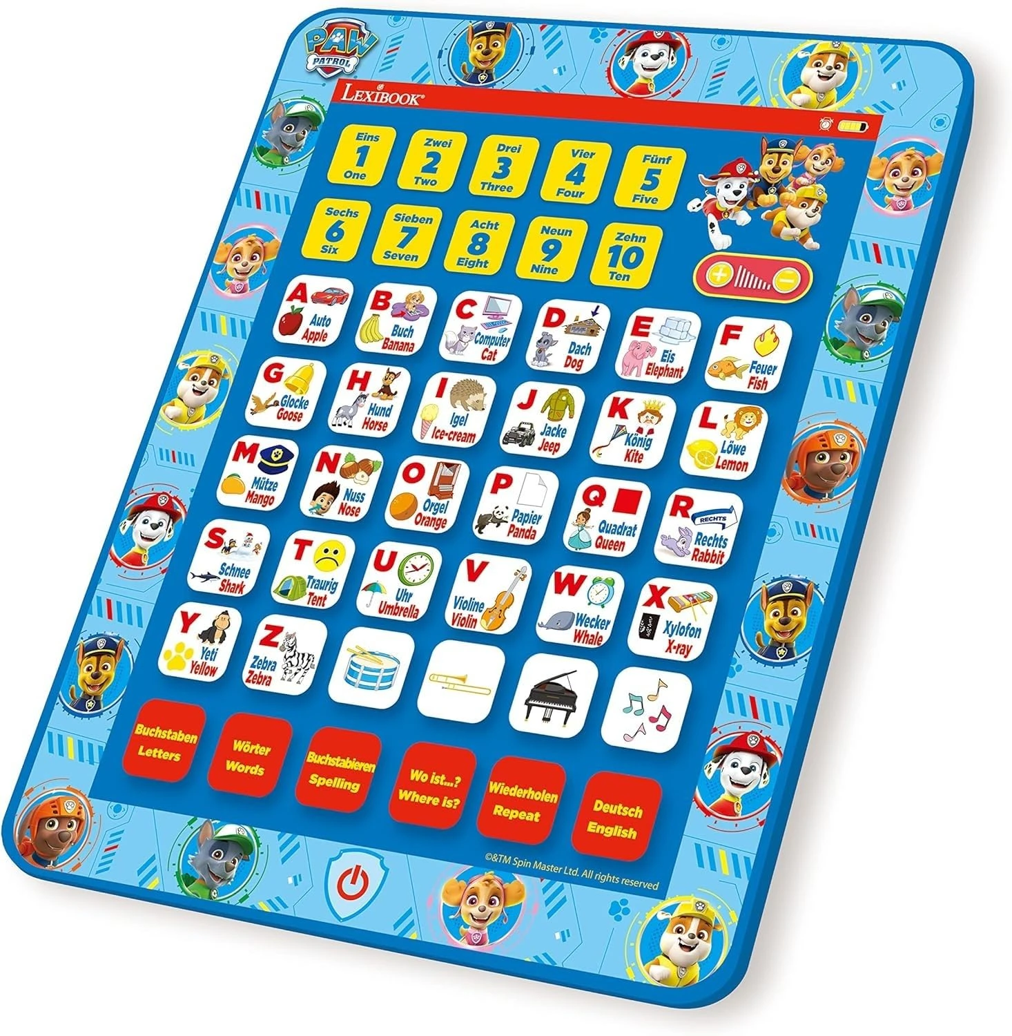 LEXIBOOK, Paw Patrol, Educational Bilingual Interactive Learning Tablet, Toy to learn alphabet letters numbers words spelling and music, English/German, Blue, JCPAD002PAi3