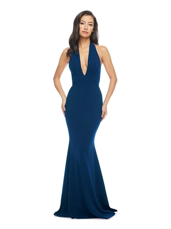Dress the Population Women's Deep Plunge Neckline Halter Bodycon Maxi Dress, Peacock Blue, X-Small