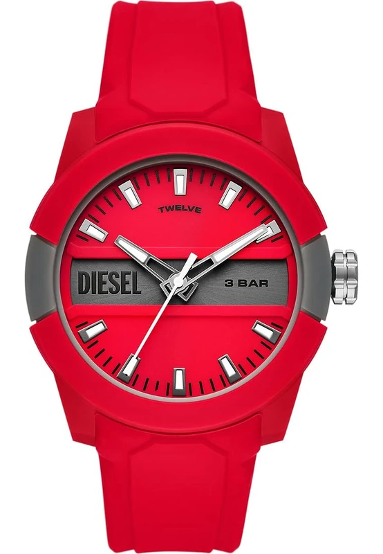 Diesel Watch for Men Double Up, Three Hand Movement, 43 mm Red Nylon Case with a Silicone Strap, DZ1980