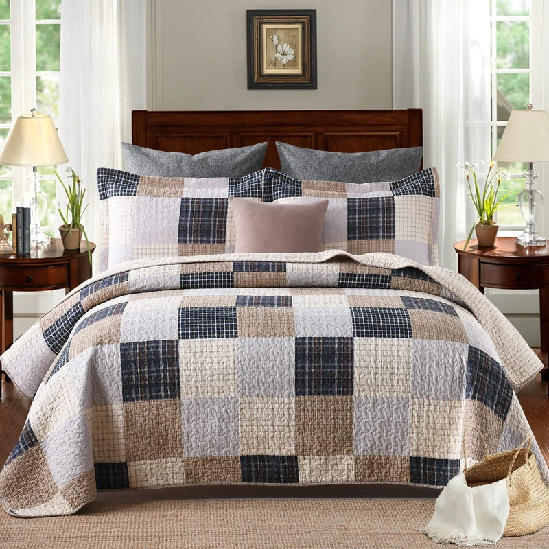 PANGUSHAN Quilts Set Queen Size,100% Cotton Quilt,Patchwork Plaid Queen Quilt Bedding Set Bedspread,Farmhouse Rustic Lightweight Comforter for Queen Bed,Cream/Brown/Blue-Black/Off-White Bed Spread