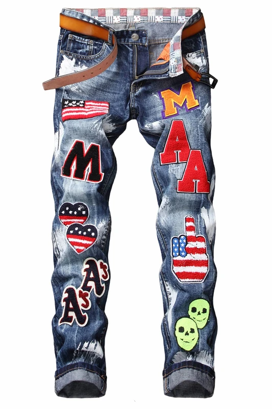 Baylvn Men's Designer Straight Slim Fit Patchwork Jeans Skinny Biker Denim Pants, Blue, 32