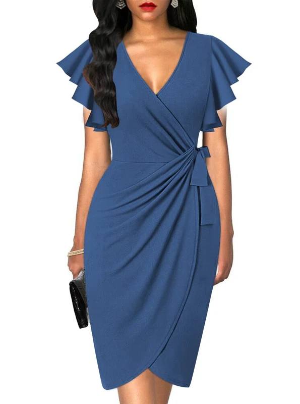 oten Womens Deep V Neck Ruffle Sleeve Sheath Casual Cocktail Party Work Faux Wrap Dress, Grey Blue, XL