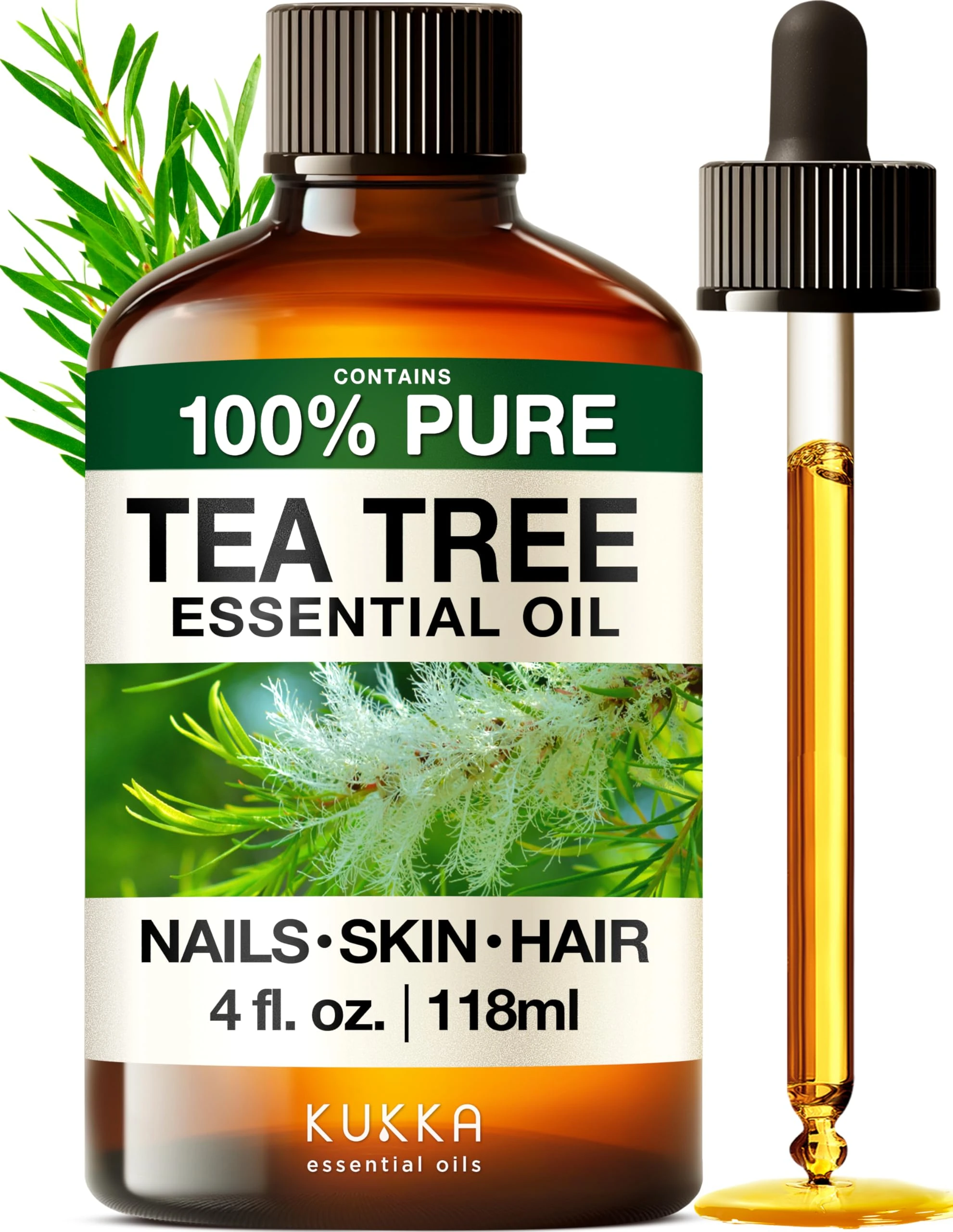 KUKKA Tea Tree Essential Oils - 118ml - for Hair, Skin, Diffuser, Aromatherapy & DIY Soap Making Scent