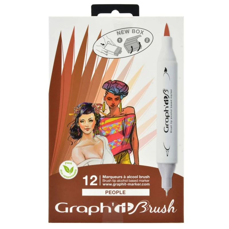 GRAPH'IT Brush Marker Set of 12 Double Tip Alcohol Markers for Drawing and Illustration, Extra Fine Tip and Brush - Set People