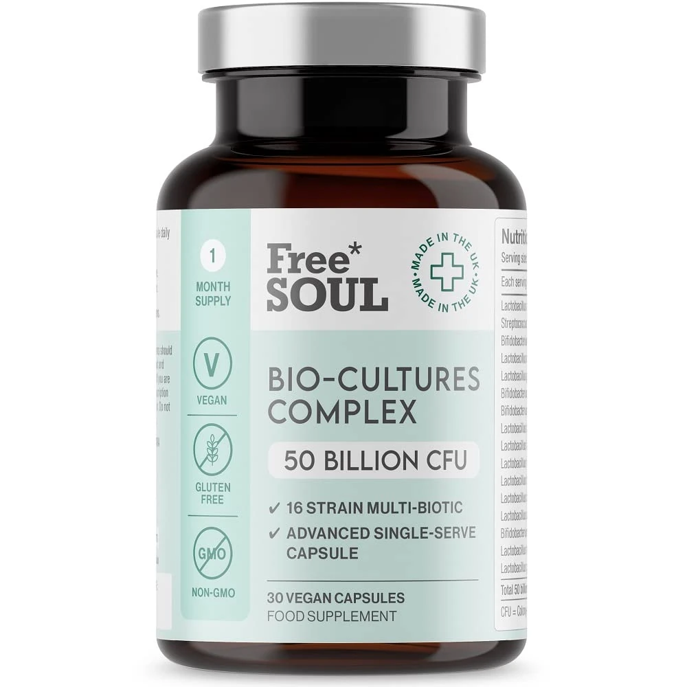 Free Soul 50 Billion CFU Pro Bio Cultures Complex with 16 Live Strains | Advanced Single Capsule Serving with Multi Strain Formula | Vegan Digestive Enzyme Supplement for Gut Health | 30 Capsules