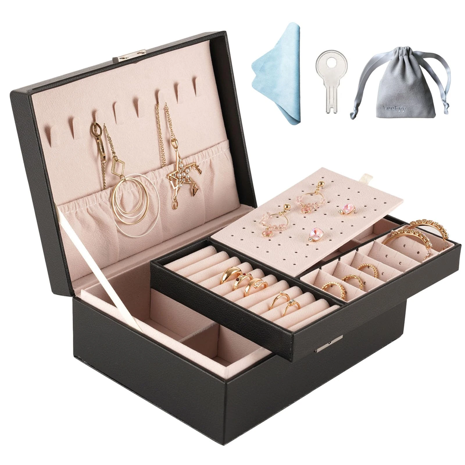 Jewellery Organiser, 2 Layer PU Leather Jewellery Box with key, Jewelry Box for Women, Jewellery storage Organiser for Necklace Earrings Bracelet Ring Accessories