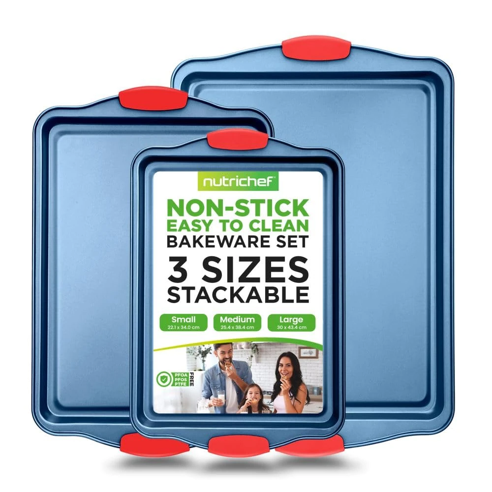 NutriChef, Bakeware Set, Baking Sheets, Cookie Sheets, Sheet Pan, Baking Tray, Nonstick, Blue Carbon Steel Baking Set, Professional Kitchen Oven Trays, Roasting Pans, 3 pc.